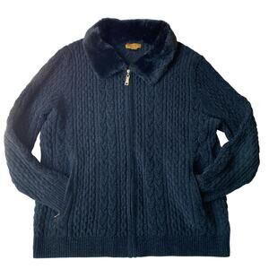 Prestige Original Men Y2K Black Faux Fur Collar Cable Knit Zip Cardigan 3XL Dad